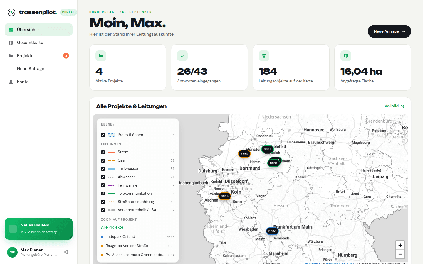 Kundenportal von Trassenpilot mit Gesamtkarte aller Projekte und Leitungen